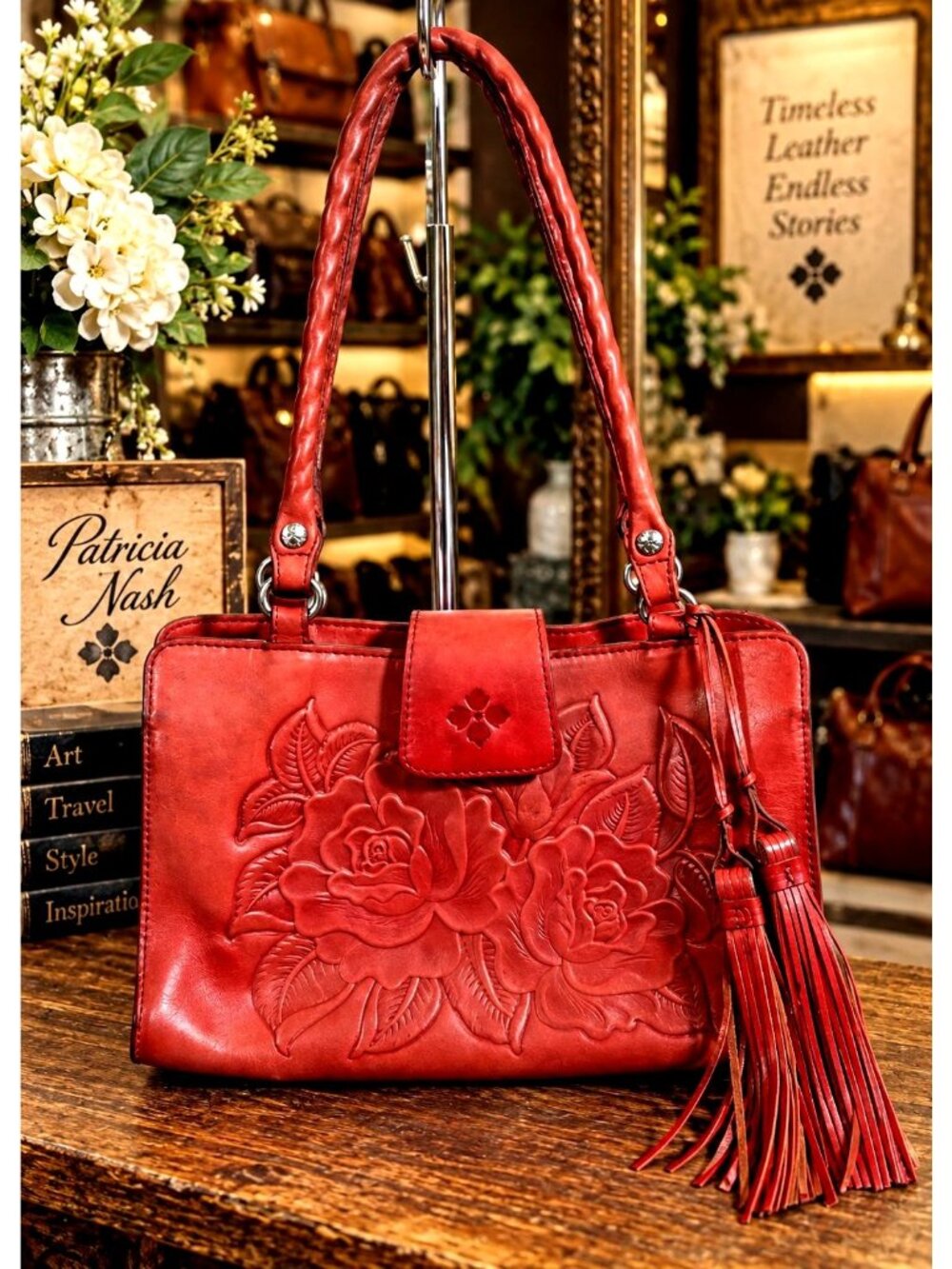 Patricia Nash Rienzo Satchel Rose Tooled Red Ochre Leather Tassel Handbag Purse